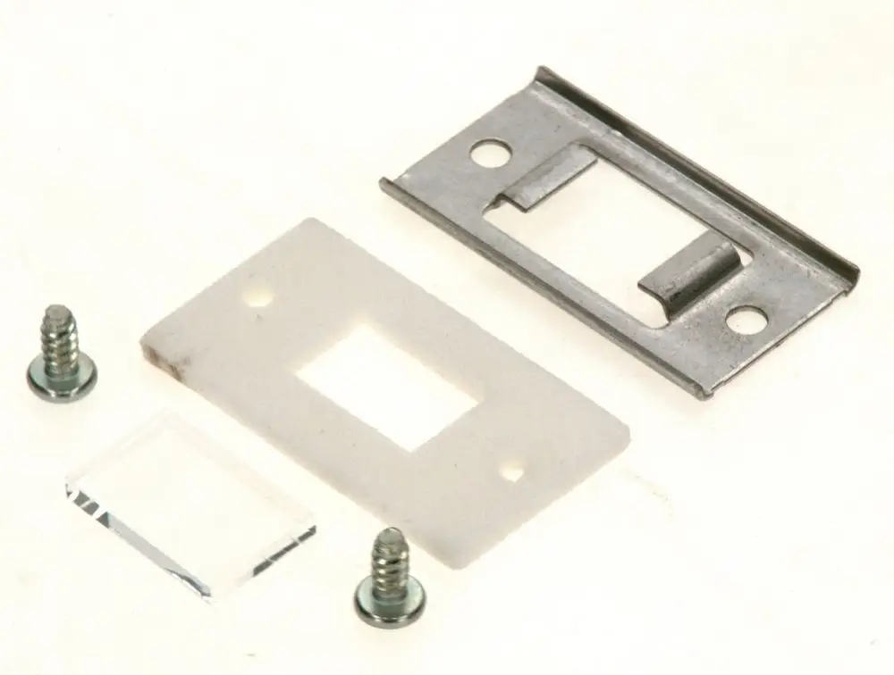 BOSCH Schauglas mit einer klaren Glasplatte und Metallrahmen, umgeben von zwei Schrauben und einer transparenten Kunststoffplatte.